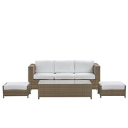 Divano da esterno Set divano a 3 posti in rattan sintetico marrone con tavolo e 2 cuscini bianchi ottomani
