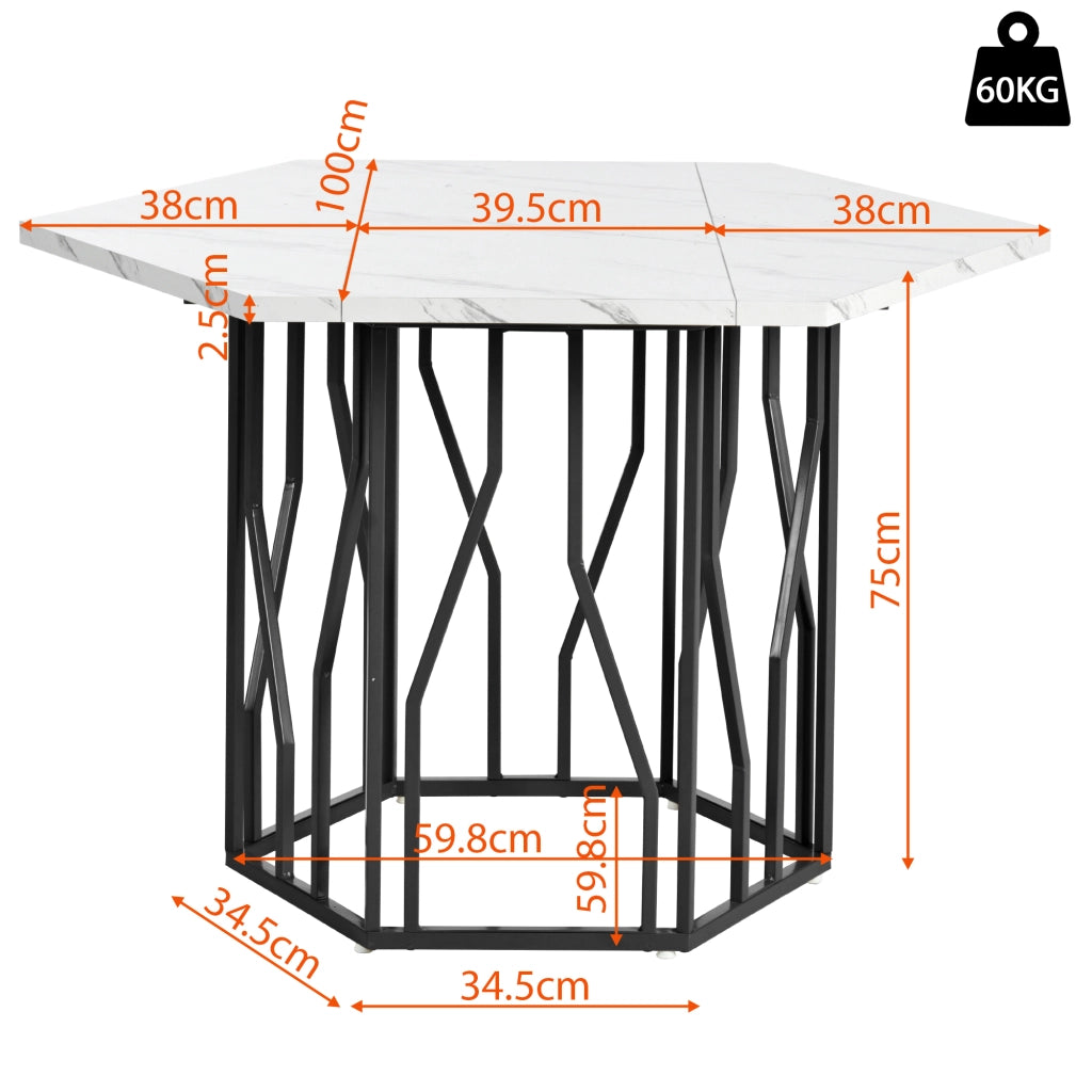 Tavolo da pranzo moderno esagonale con piano effetto marmo e base in metallo nero