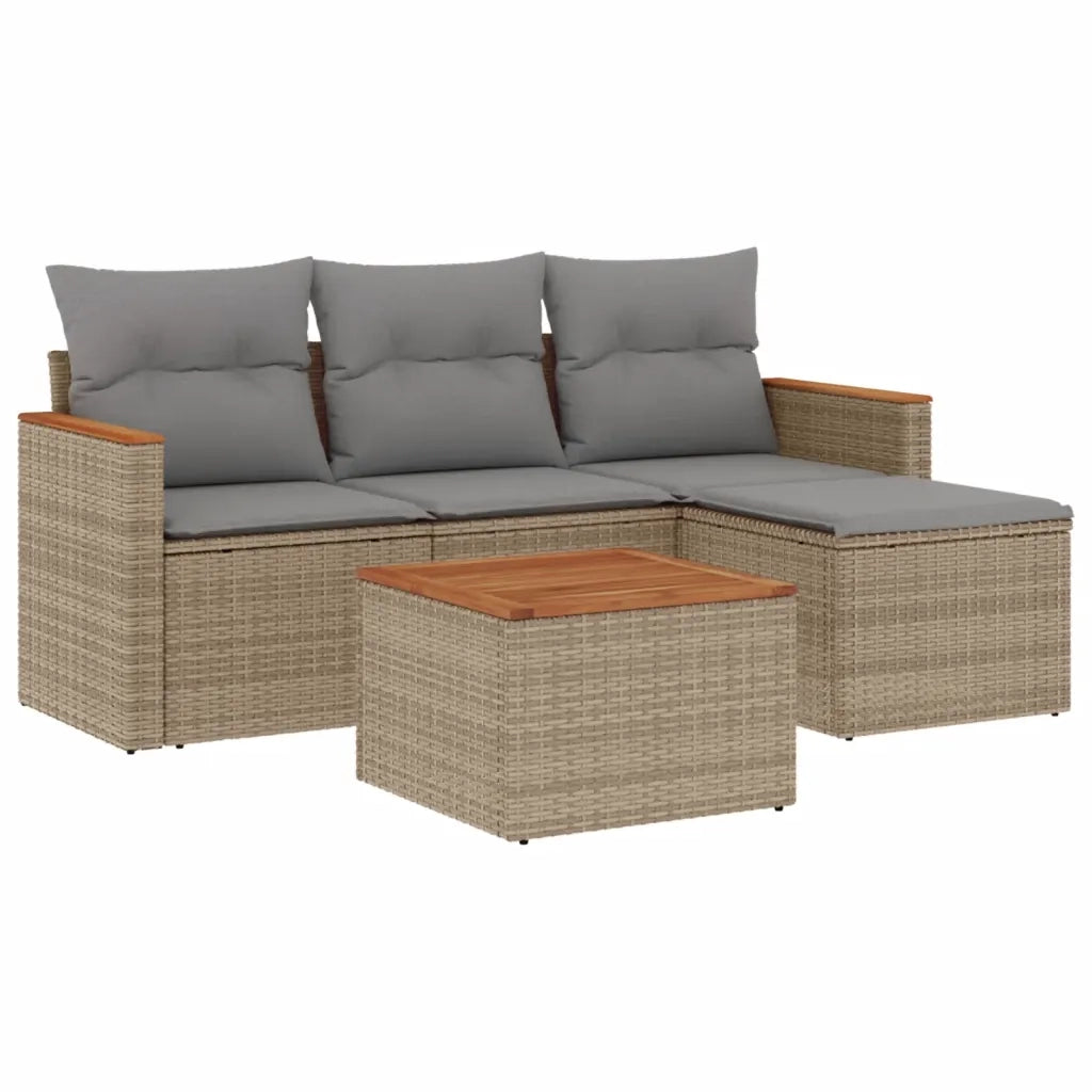 Set Divano da Giardino 5 pz con Cuscini Beige Misto Polyrattan