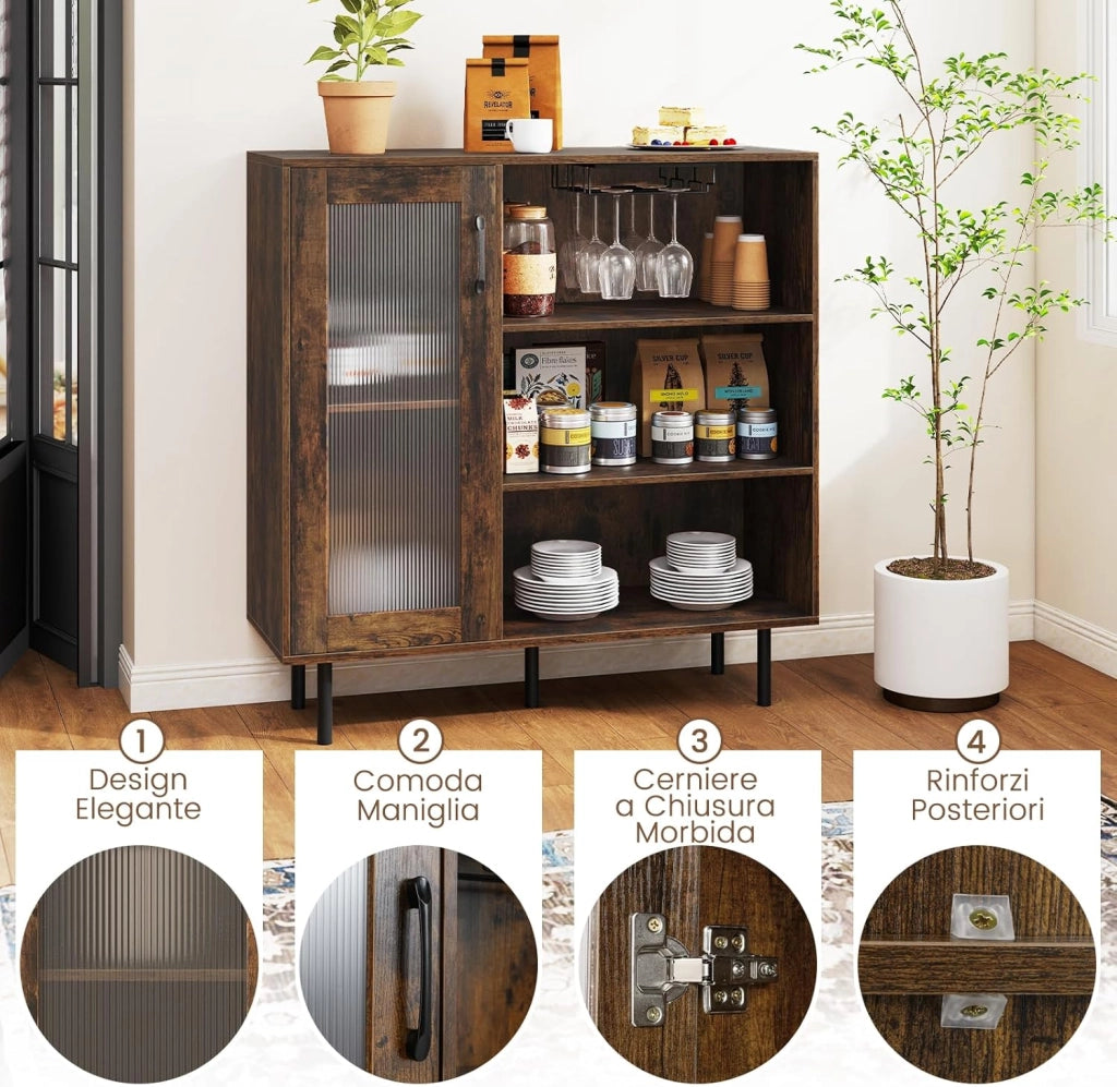 Credenza da Cucina, Armadietto Salvaspazio in Legno con Porta, Ripiano Regolabile e Portabicchieri da Vino, Mobile a Buffet per Soggiorno, Sala da Pranzo e Ingresso, 95 x 35 x 98 cm