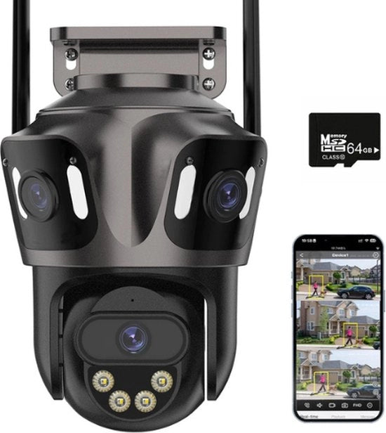 Camera di Sicurezza Esterna - Camera Esterna con Visione Notturna - Design a Tre Lenti - Tracciamento Automatico a 360° - Inclusa 64GB SD - Nero