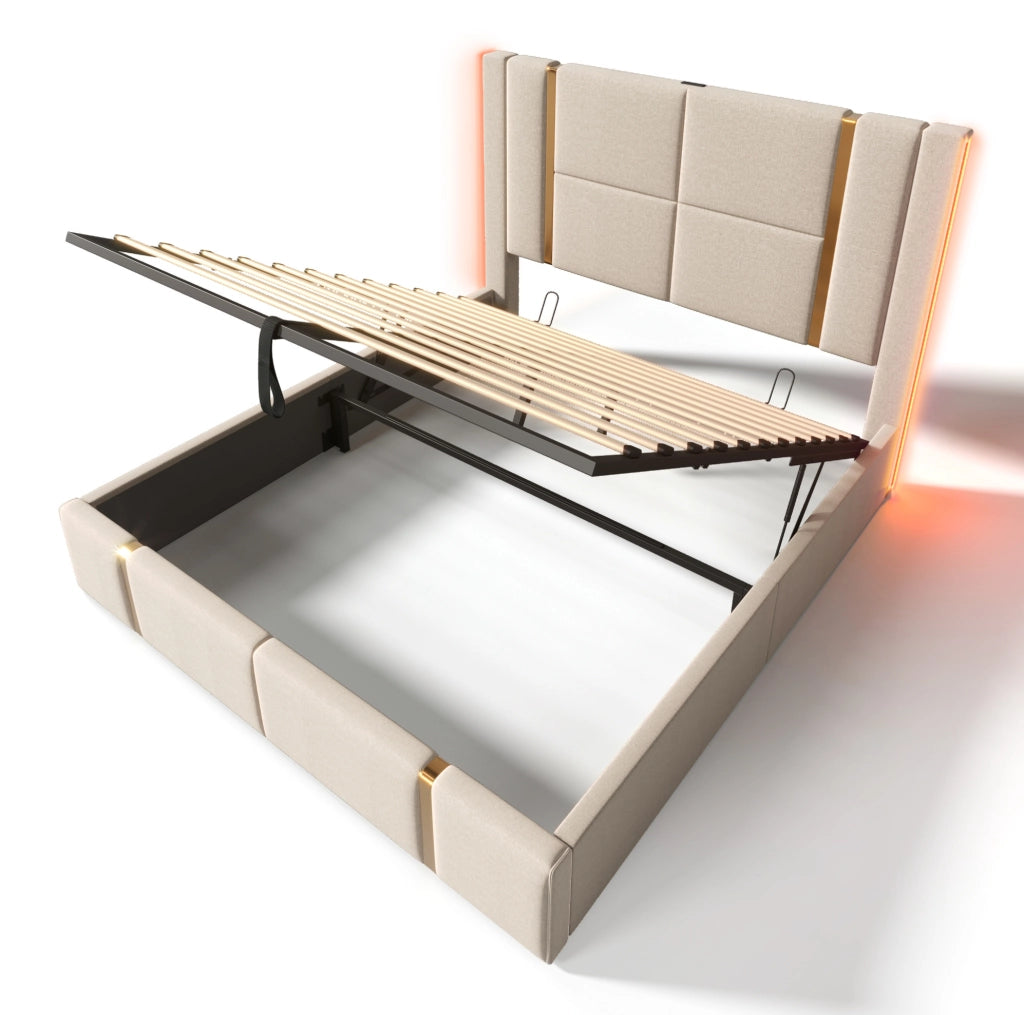 Letto matrimoniale imbottito con LED, USB e USB-C, contenitore e materasso incluso