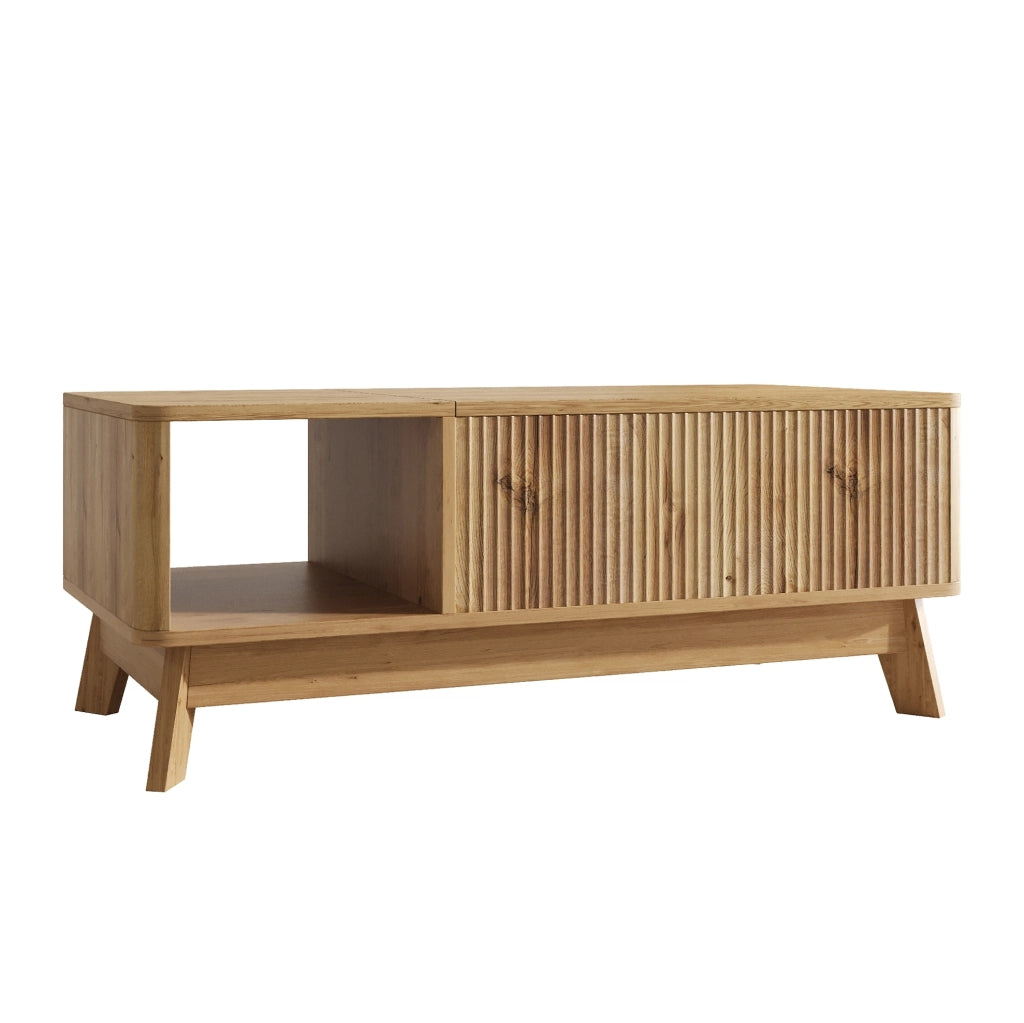 Tavolino da salotto con piano sollevabile 95x48x50 cm in MDF naturale; con vano portaoggetti