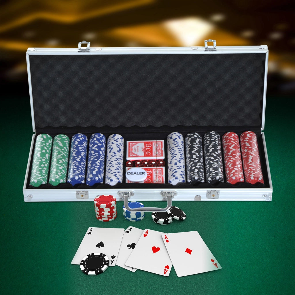 Set da Poker Completo ¨C Minimal ¨C 500 gettoni, 2 mazzi carte, 5 dadi, bottone dealer, 2 chiavi