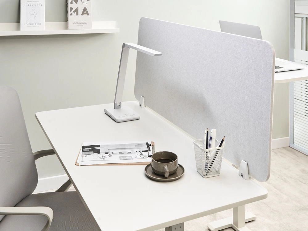 Pannello Divisorio da Scrivania Bianco Sporco in PET con Rivestimento in Tessuto 120 x 50 cm Schermo Acustico per Ufficio e Home Office