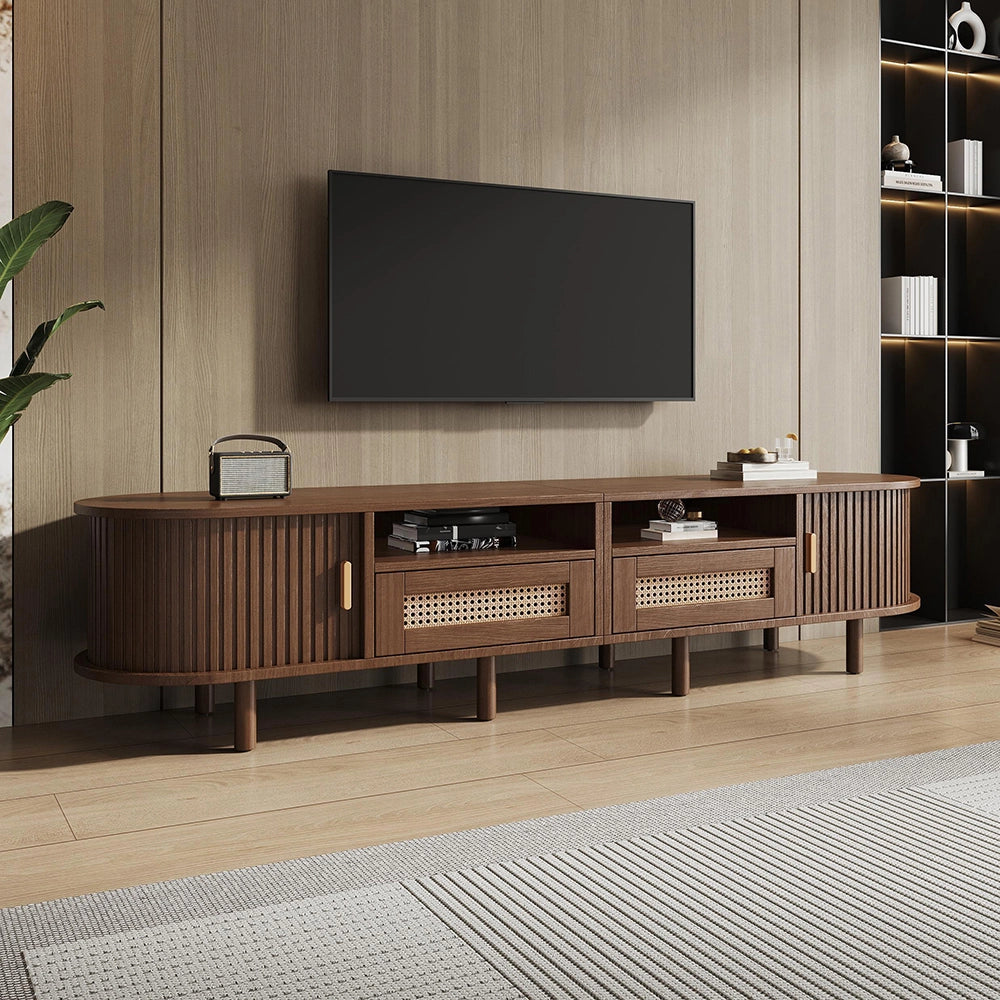 Mobile TV Ovale 170x40x40cm - Xylo - 2 Cassetti in Vimini, 2 Ante Scorrevoli, Noce