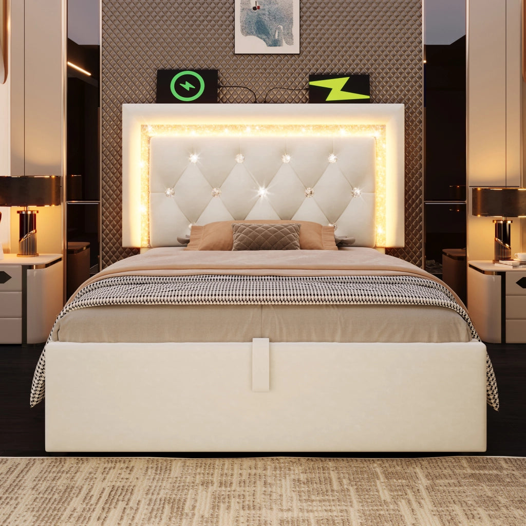 LETTO imbottito 90x200 cm in velluto beige con LED, USB e contenitore