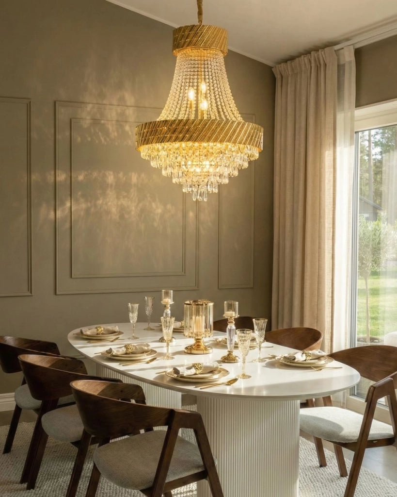 Lampadario con base in metallo dorato e cristalli ⌀ 70 cm Lampada a sospensione Stile glamour Sala da pranzo Soggiorno