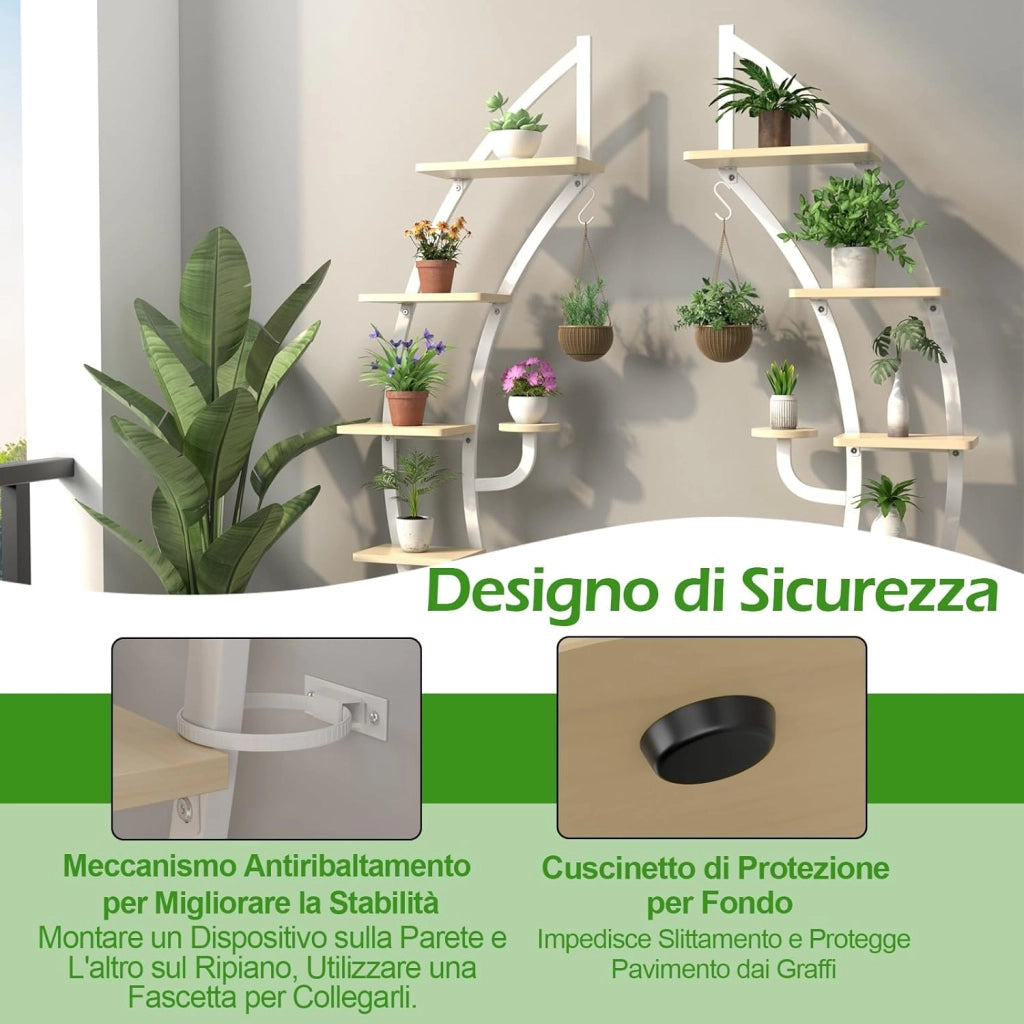 Scaffale per Piante a 7 Livelli, Scaffale a Forma di Mezza Luna con Gancio e Dispositivo Antiribaltamento, Porta Piante e Fiori per Balcone e Soggiorno, 60 x 30 x 155 cm (2 PEZZI BIANCO)