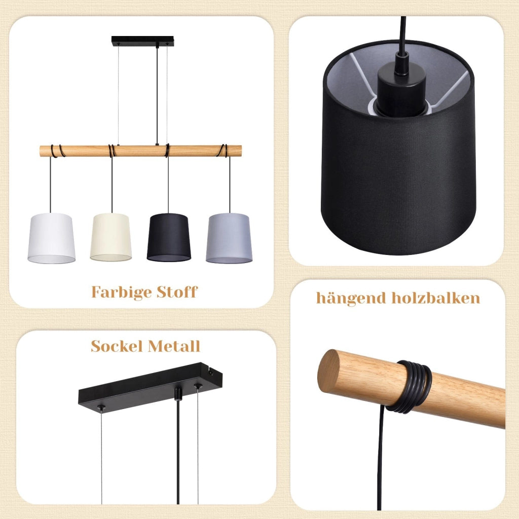 Lampada a sospensione ZMH a 4 Luci in Legno E27 ZMH - Sospensione per sala da pranzo Vintage paralume colorato tessuto