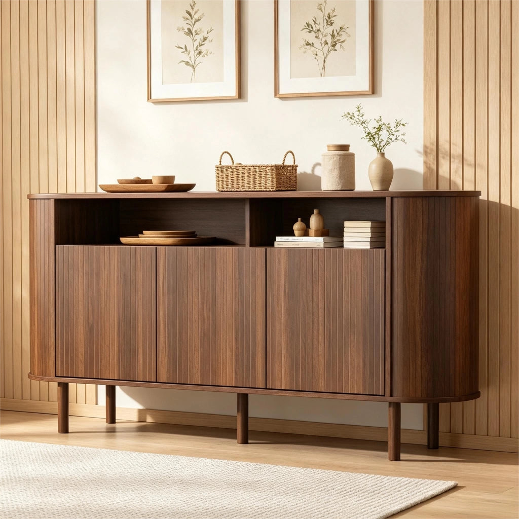 Credenza a tre ante, mobile da ingresso, ripiani a vista, gambe in legno massello, 160 x 40 x 78.5 cm, color noce