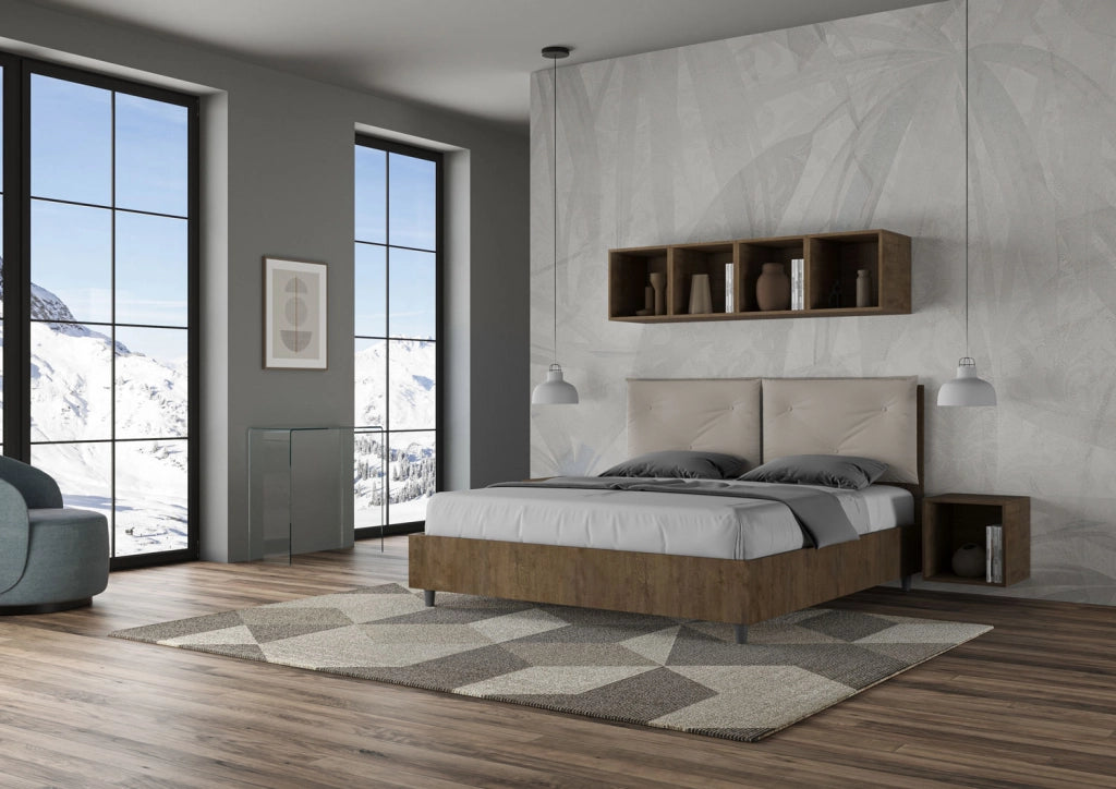 BS COM Letto matrimoniale contenitore 160x200 Noce cuscini similpelle tortora