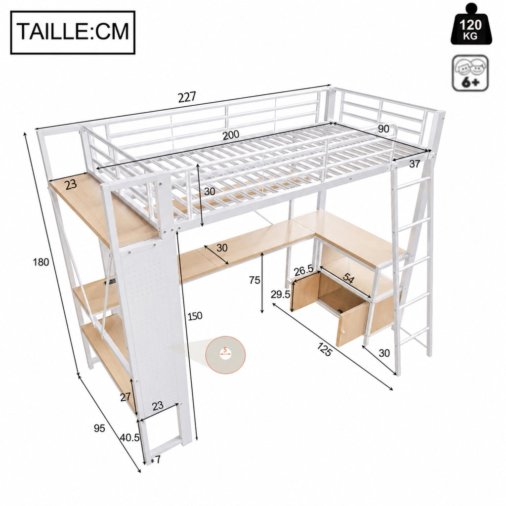DESMIU Letto a soppalco singolo con scrivania, LED regolabile, USB e vani 90 × 200 cm, senza materasso
