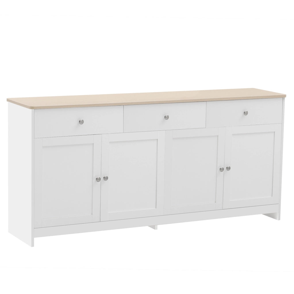 Credenza buffet rustica 160 cm con 4 ante; 3 cassetti e ripiani regolabili; bianco e legno