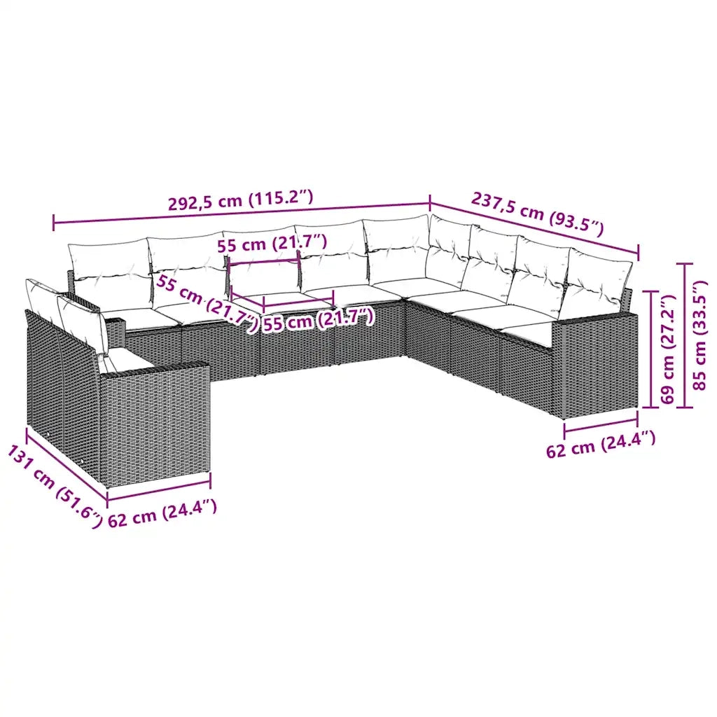 Set Divani da Giardino 10pz con Cuscini in Polyrattan Marrone