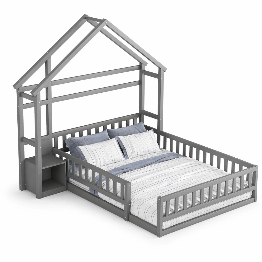 LETTO a casetta 140 x 200 cm con spondale, grigio, con comodino laterale