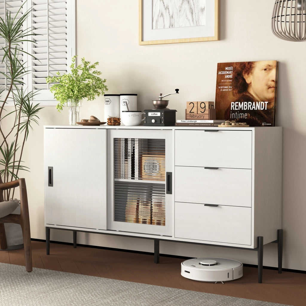 Credenza con 2 porte e 3 cassetti in vetro rigato; mobile contenitore per ingresso; in truciolare; bianco