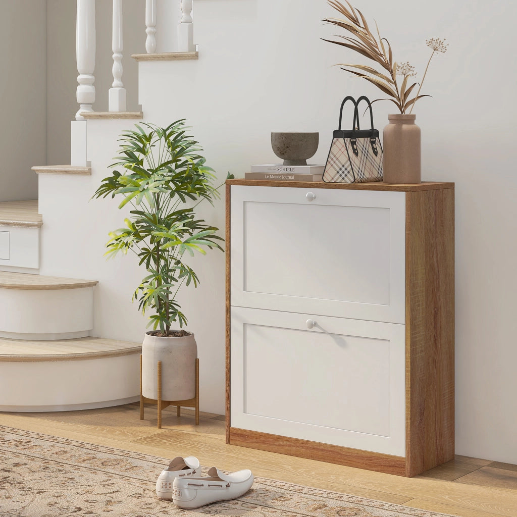 Scarpiera salvaspazio ¨C Xylo ¨C 2 ante, 12 paia, legno bianco e naturale, 60x24,5x75,5 cm
