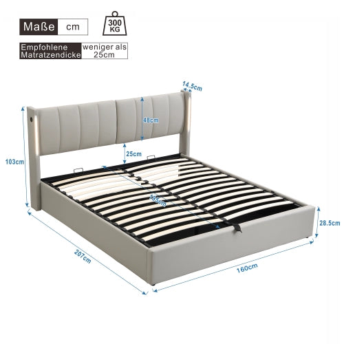 Letto imbottito LED con testiera regolabile - Xylo - 160x200 cm - Grigio - Alimentazione USB e idraulico