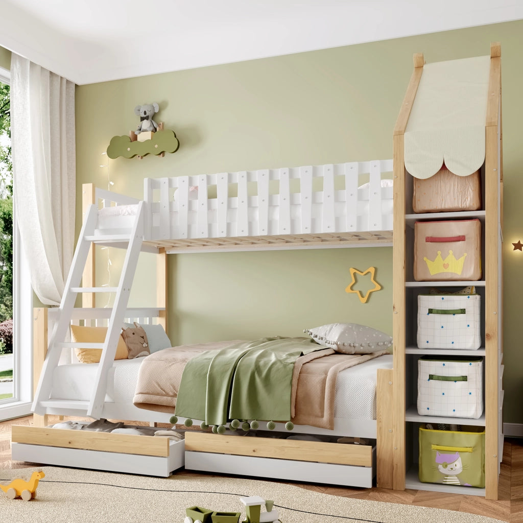 DESMIU Letto a castello per bambini 90 × 200 cm e 140 × 200 cm con contenitori, senza materasso, bianco naturale