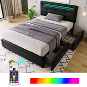 OKWISH Letto Singolo 90×200 cm con 2 Cassetti, Testiera Regolabile e LED, senza Materasso, in Lino, Nero