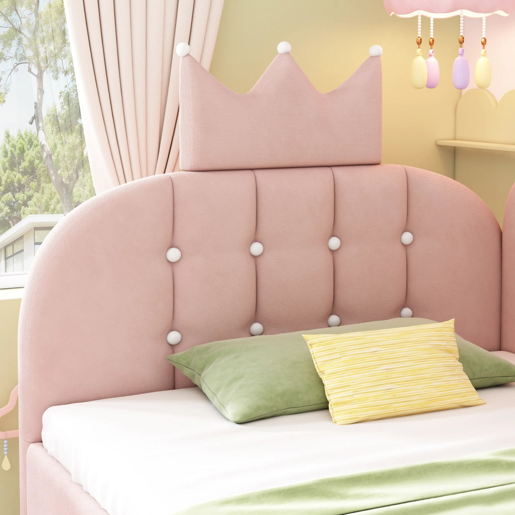 Lettino da giorno imbottito 90x190 cm con stoccaggio idraulico; velluto rosa a forma di L; design a corona; letto per ospiti (senza materasso)