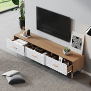 Mobile TV vintage con 3 cassetti e vano con ante testurizzate per soggiorno; in truciolare bianco e legno; 150×35×39 cm