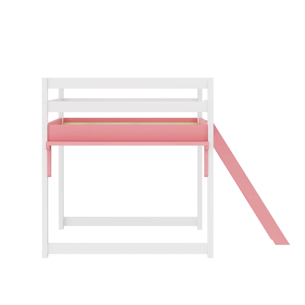 Letto a soppalco per bambini 90x200 cm in legno massello di pino, letto per bambini con sistema anticaduta, scaletta fissa e tavolino contenitore, ret