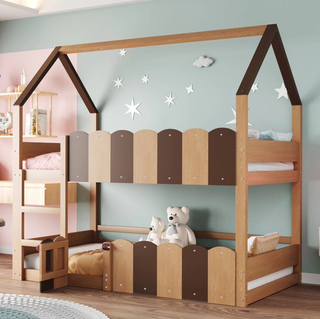 Letto a castello per bambini 90x200 cm con design a casetta e sponde di sicurezza
