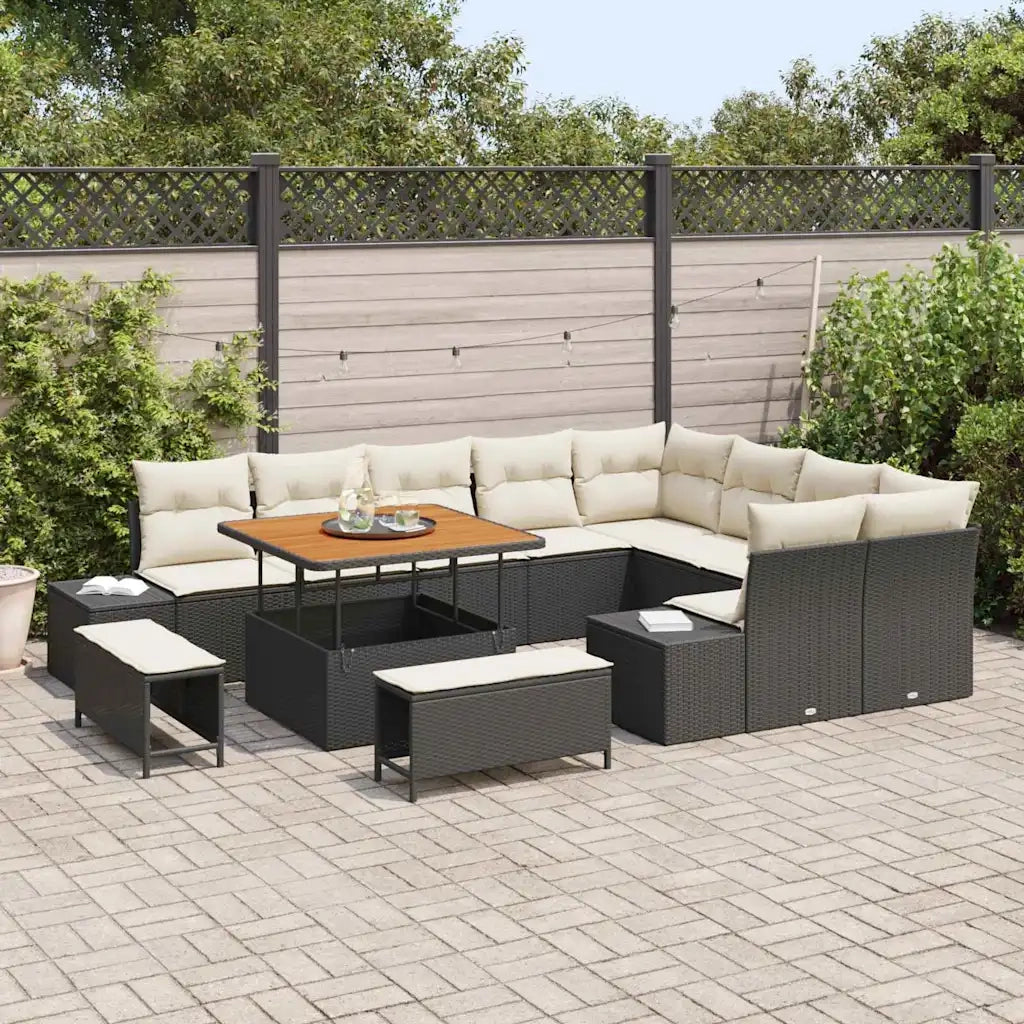 Set Divano da Giardino con cuscino 12 pcs Nero Poly Rattan