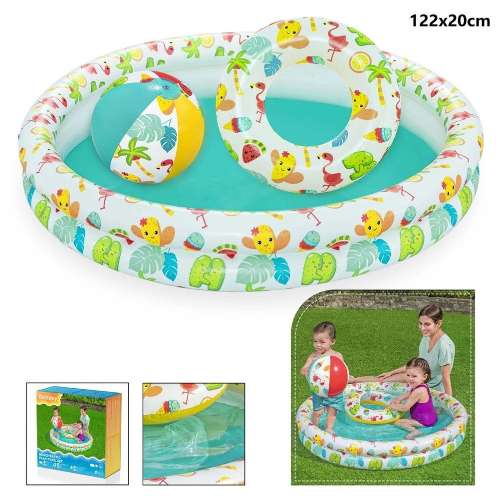 Trade Shop - Set Piscina Gonfiabile A 2 Anelli Per Bambini 122x20 Cm Con Palla Salvagente 51124 -