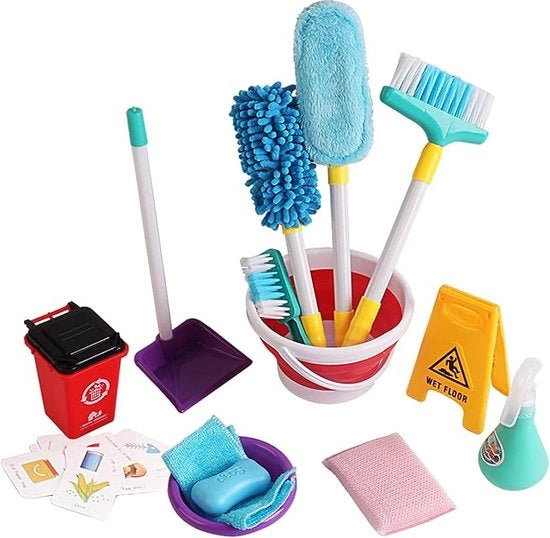 Carrello di pulizia - Carrello di pulizia con ruote - Kit di pulizia - Carrello per pulire pavimenti - Carrello per pulire pavimenti con ruote - Set di pulizia per bambini