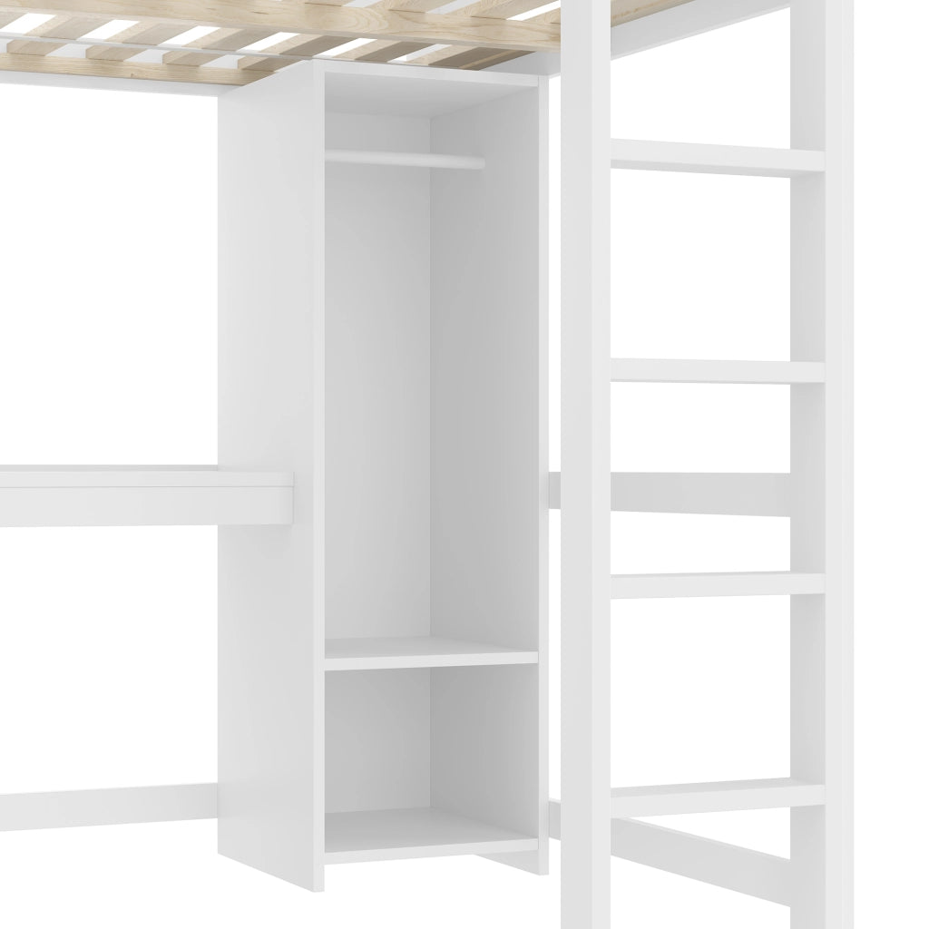 LETTO A SOPPALCO 140x200 cm con scrivania, scaffali e armadio, bianco
