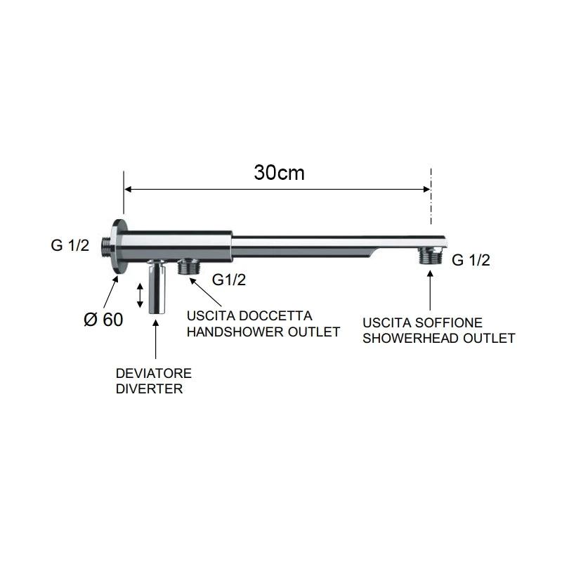 Braccio doccia minimal in ottone cromato 30 cm con deviatore