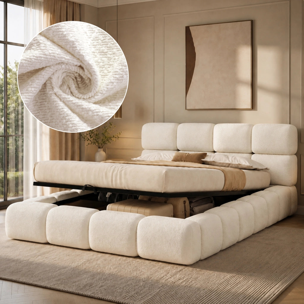 letto imbottito bouclé bianco 228 x 203 cm