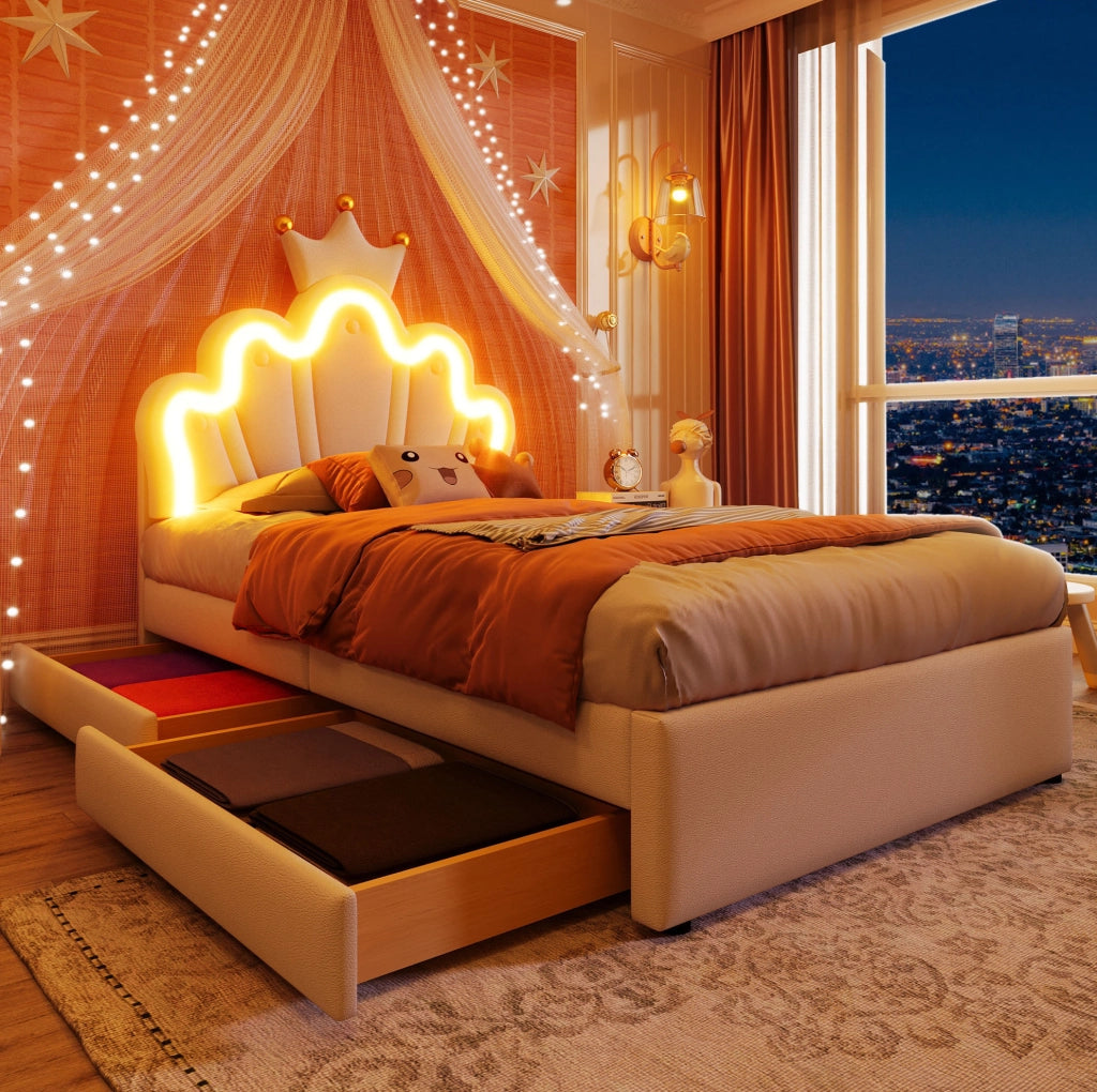 Letto imbottito 90x200 cm con LED, 2 cassetti e testiera regolabile