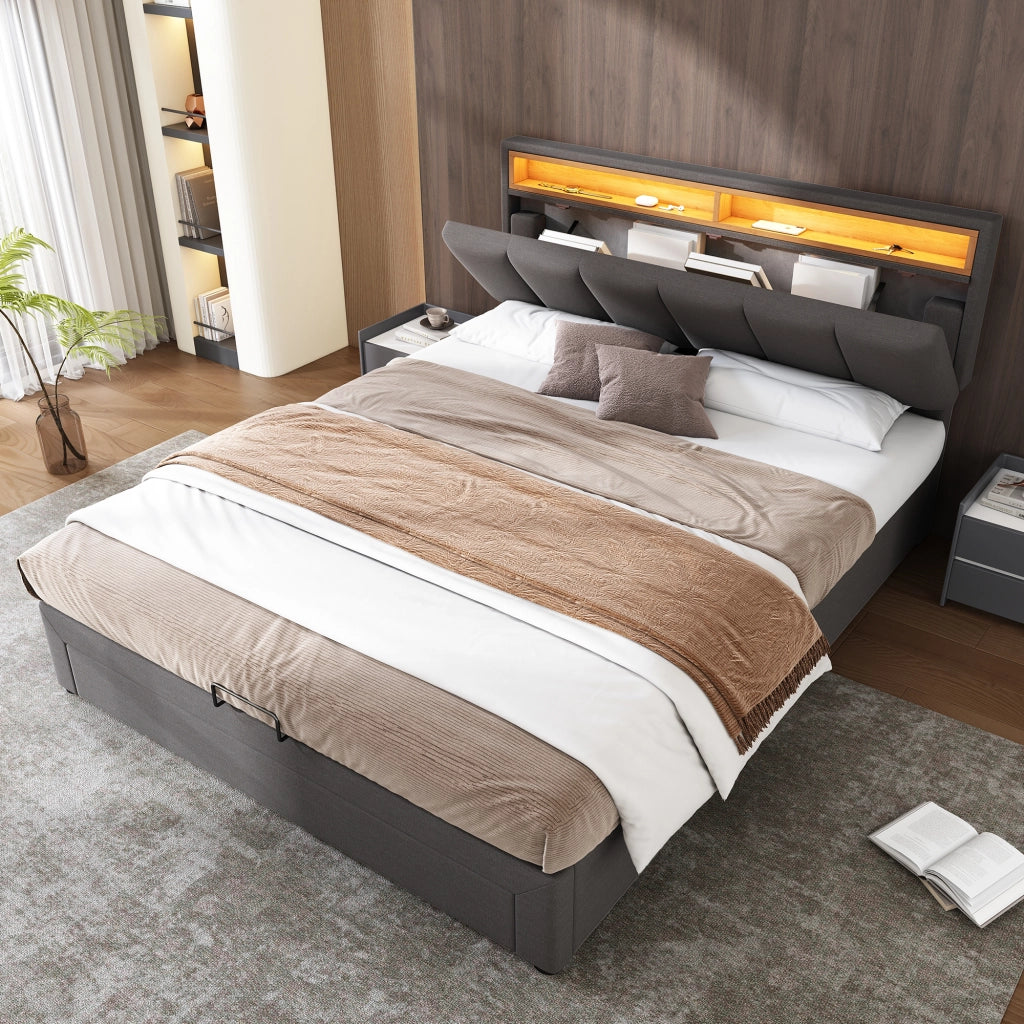 Letto adulto 140×200 cm con contenitore; LED; letto matrimoniale; senza materasso; in lino grigio