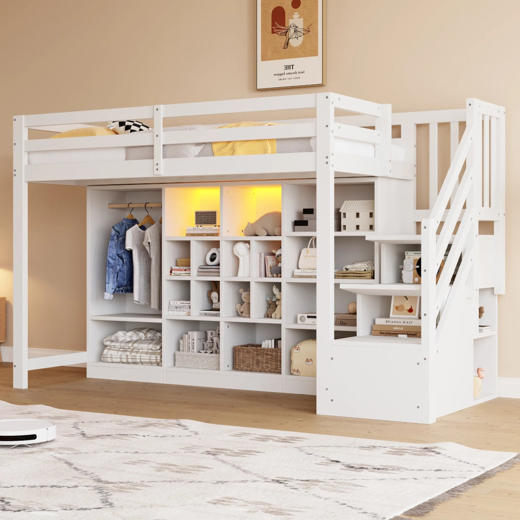 Letto a Soppalco con Contenitore e LED ¨C MINIMAL ¨C Bianco 90x200
