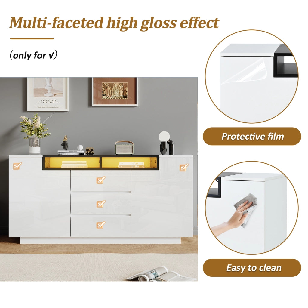 Credenza con 2 ante; 3 cassetti; 2 vani semiaperti; LED controllata da app; per soggiorno; 140 × 40 × 68 cm