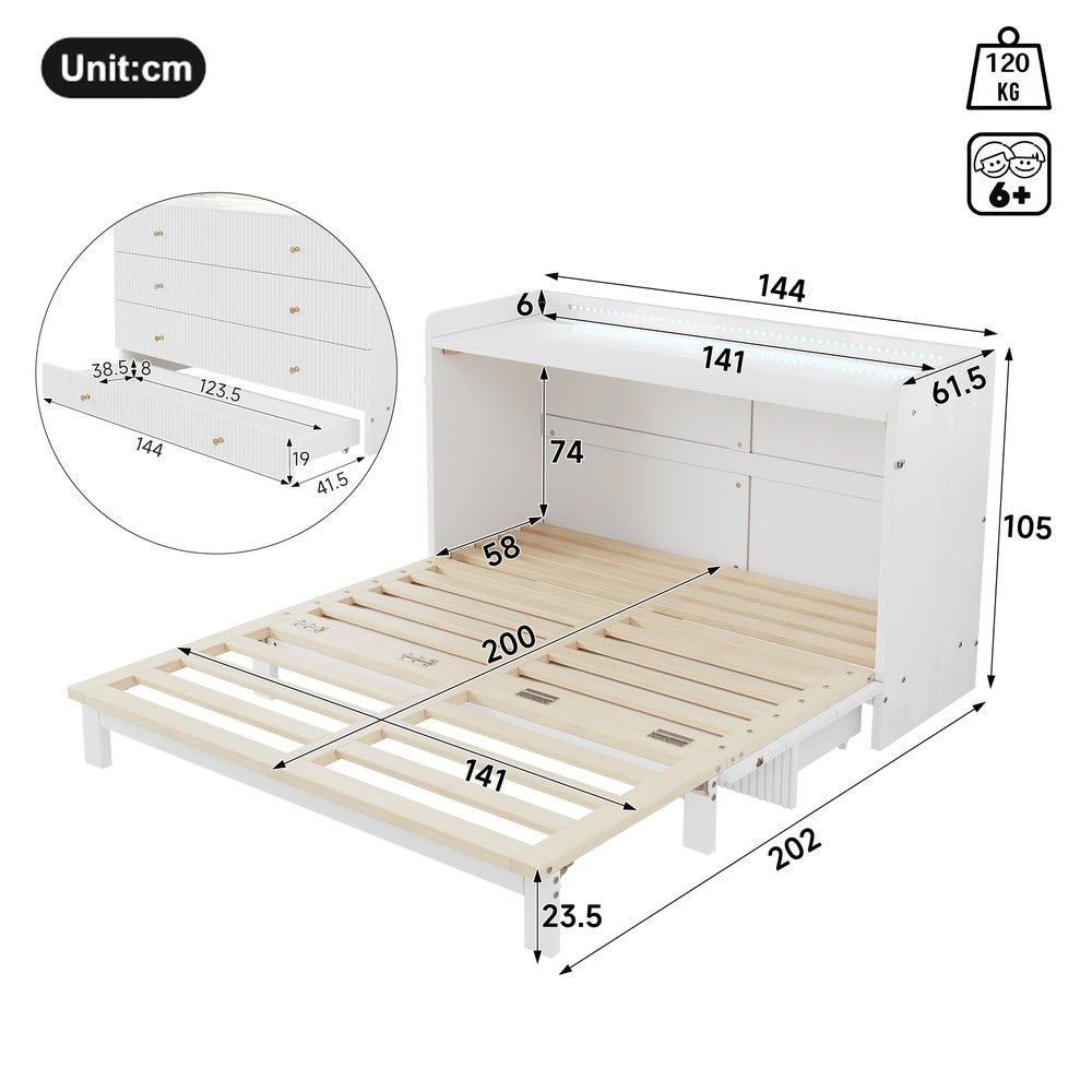 Letto a Scomparsa con Cassetti, LED e Presa USB ¨C Xylo ¨C Bianco Lucido 140x200
