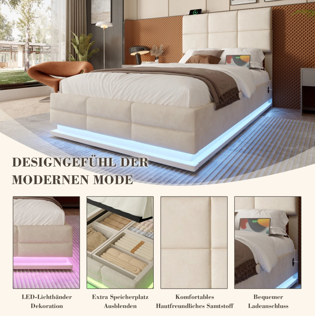 Letto imbottito moderno 90x200 cm in velluto beige con testiera regolabile; LED e USB