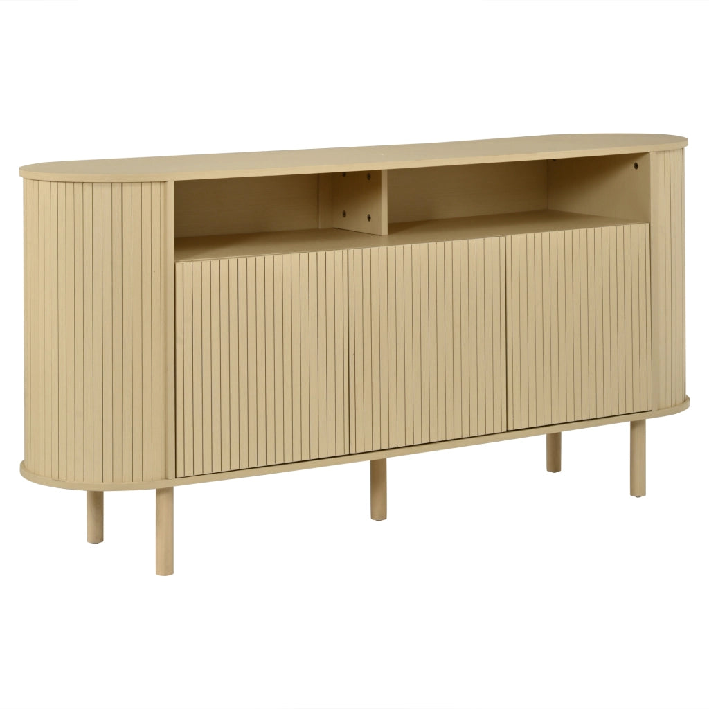 Credenza a tre ante, mobile da ingresso, ripiani a vista, gambe in legno massello, 160 x 40 x 78.5 cm, color legno naturale