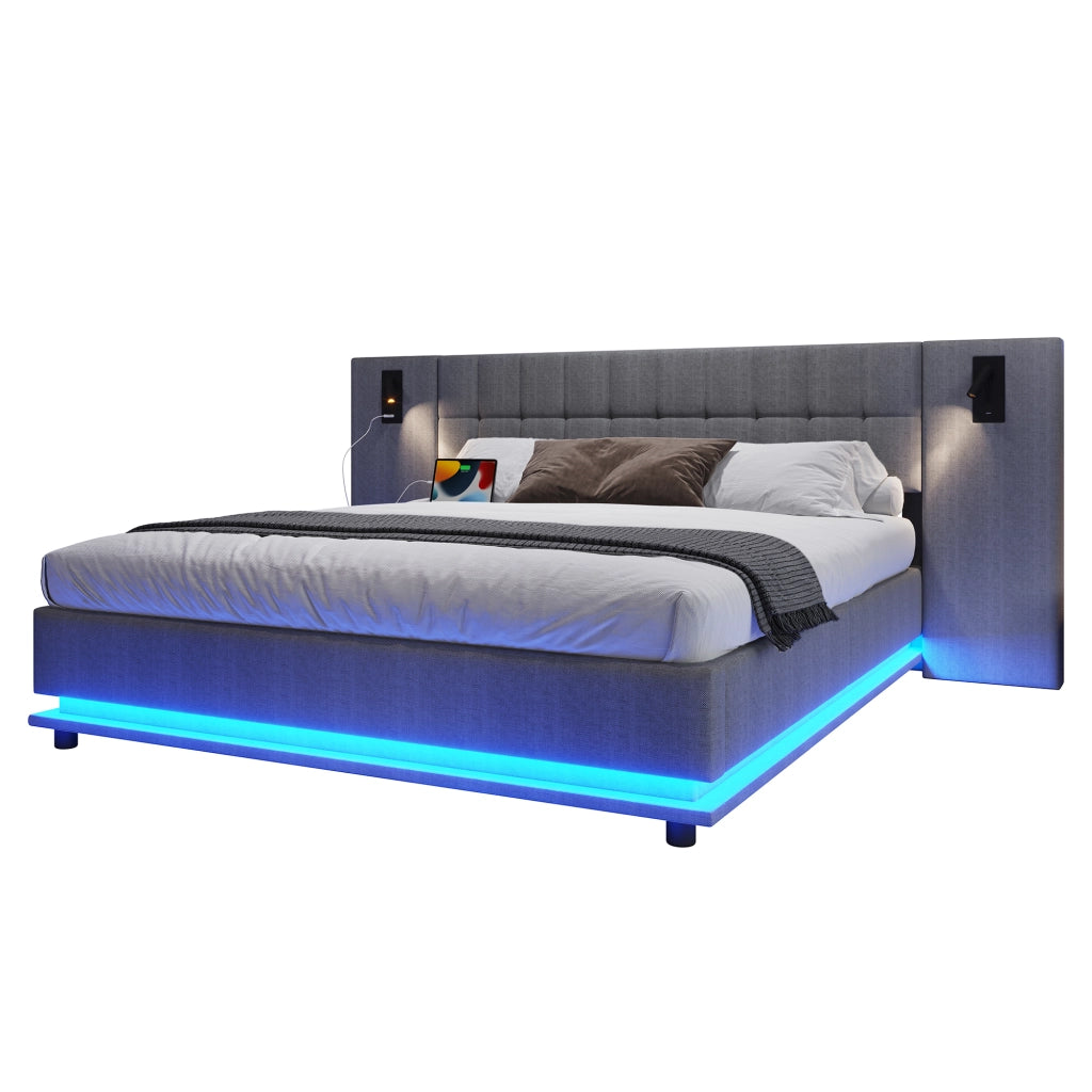 Letto imbottito 180x200 cm in lino grigio con LED, USB e luce spot, senza materasso