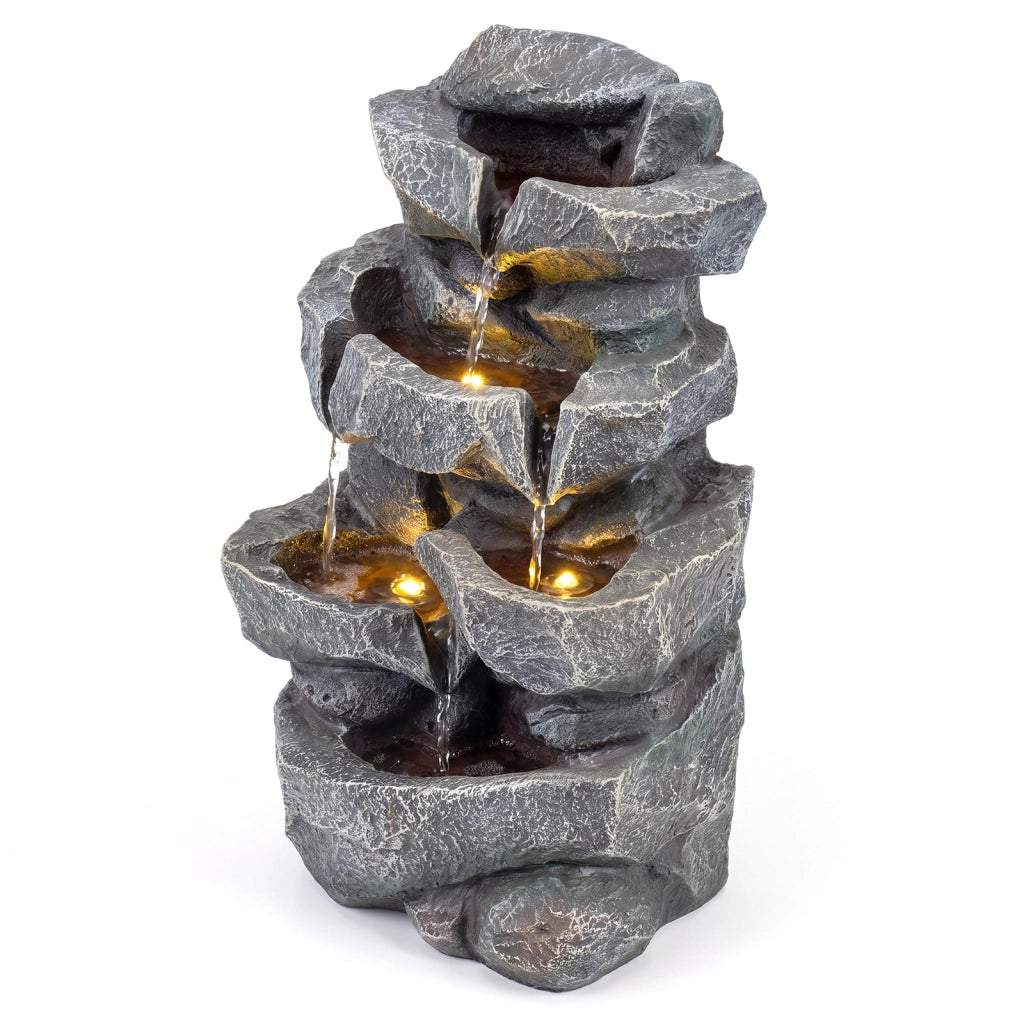 Fontana da giardino a 5 Livelli con effetto di pietra a forma di roccia, Fontanella elettrica in resina con luci e flusso d'acqua regolabile