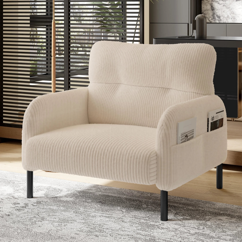 Poltrona Singola con Seduta Profonda con Tasche Laterali Comfort Ergonomico Struttura Metallo in Velluto a Coste Beige
