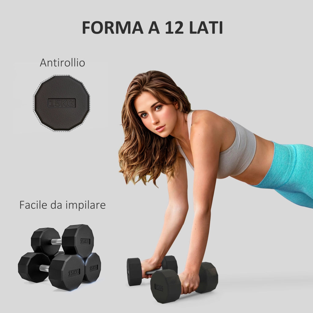 Set 2 Manubri Esagonale 15 kg ¨C zephmum ¨C Nero, Metallo e Gomma, 26x15.5x15.5 cm