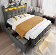 Letto matrimoniale imbottito 160x200 cm grigio con LED; USB; ripiani e 4 cassetti