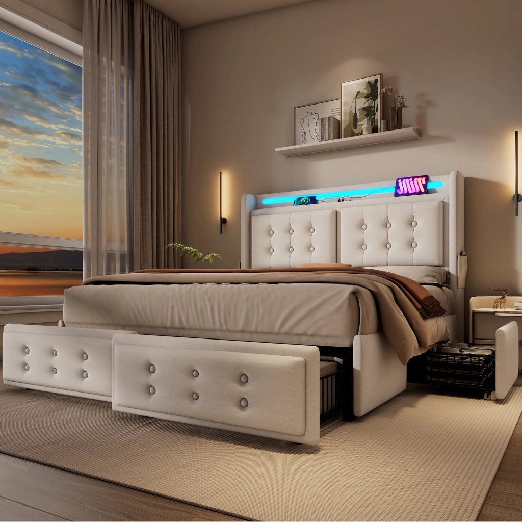 LETTO imbottito 160x200 cm Beige con LED, USB e 4 cassetti