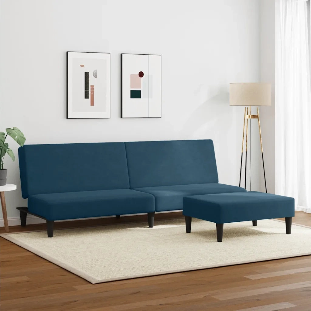 Divano Letto 2 Posti con Poggiapiedi Blu in Velluto