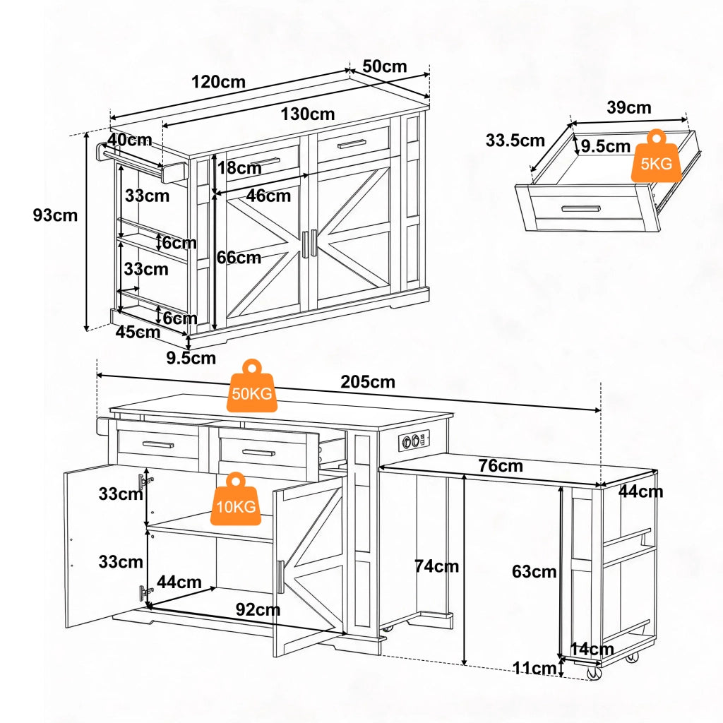 Carrello da cucina con 2 cassetti; doppia anta; ripiano regolabile; prese e porta asciugamani; in MDF; bianco e rovere